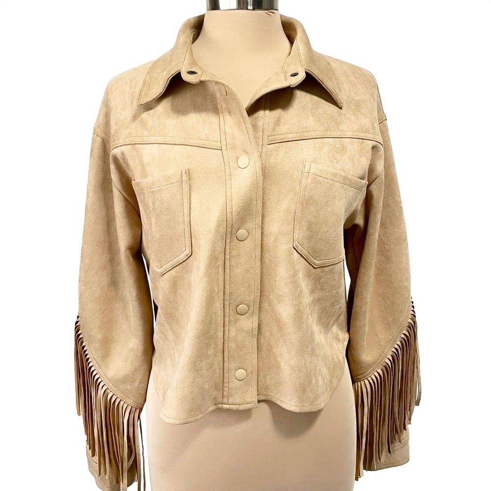 OAT New York Tan Faux Suede Fringe Western Cropped Jacket Size S Festival Boho - Picture 4 of 14